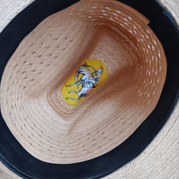 Vintage 6 7/8 Straw Western Cowboy Hat W/ Brown Band Ventilated Crown Natural - Picture 9 of 11